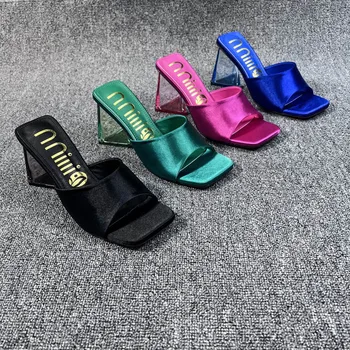 Xibeilove 2022, Новые Шелковые Зеленые женские Прозрачные Тапочки на высоком каблуке в Необычном стиле, Женские Босоножки с квадратным носком