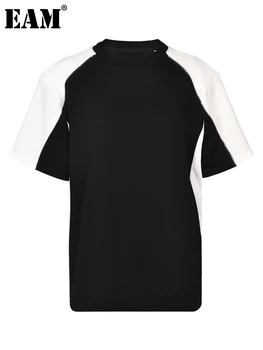 [EAM] Женская Черная Повседневная футболка с цветным блоком Большого размера, Новая Футболка с круглым вырезом и коротким рукавом, Мода Tide, Весна-лето 2023 CPG0185