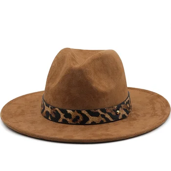 Горячая замшевая женская мужская фетровая шляпа с леопардовым поясом для зимы-осени, элегантная женская бандитская фетровая шляпа Хомбург, Церковная джазовая шляпа 55-58 см