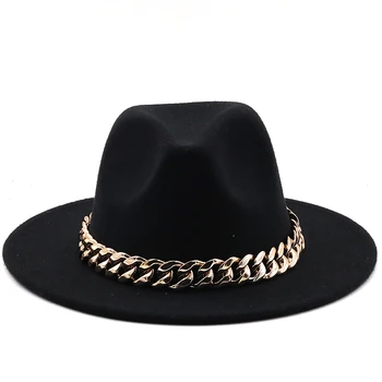 женская шляпа с широкими полями, толстая золотая цепочка, классическая черная бежевая войлочная шляпа, панама, ковбойские джазовые мужские кепки, роскошные фетровые женские шляпы