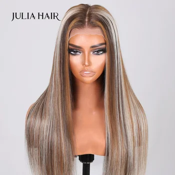 Julia Hair 13x4 Кружевной Фронт Пепельный Блонд С Серебристой Изюминкой Прямой Парик Из Человеческих Волос, Предварительно Выщипанный С Помощью Узлов Для Отбеливания детских Волос
