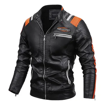 Мужская мотоциклетная куртка с воротником-стойкой, утолщенная теплая манжета на молнии, облегающая Модная кожа Высокого качества, Повседневная искусственная кожа  