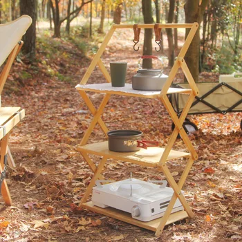 Открытый стеллаж для кемпинга Складной многослойный портативный бамбуковый стеллаж для хранения без установки, многофункциональный складной стол (без сумки)