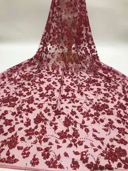 Красная Африканская кружевная ткань с блестками, 5 Ярдов, 2023, Высококачественное Нигерийское Женское Свадебное платье из французского тюля Asoebi, Кружевной материал для шитья