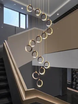 Креативная Круглая Хромированная светодиодная Лестничная Люстра на Чердаке, столовая, лампа для Выставочного зала, Двухуровневая Потолочная люстра для внутреннего освещения