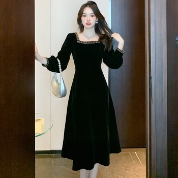 Женское Высококачественное Бархатное платье с длинным рукавом 2023, Корейское Модное Офисное женское платье, Летнее Элегантное Облегающее Повседневное праздничное платье