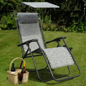 Кресло с нулевой гравитацией, Откидное Кресло для отдыха на открытом воздухе, шезлонг с прикрепляемым навесом и держателем для зонта, черный