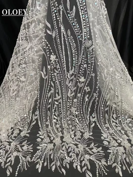 Белая Высококачественная французская тюлевая кружевная ткань С блестками, нигерийская ткань Ручной работы из бисера Для шитья свадебных платьев XP868P