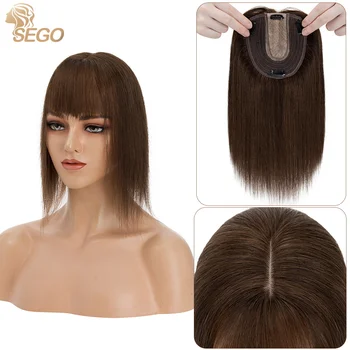 SEGO 10x12 см, Топперы для волос на шелковой основе Для женщин, Парик из человеческих волос, натуральные шиньоны с челкой, 4 зажима для наращивания волос