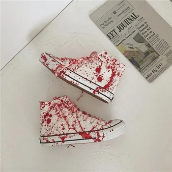 Мужская парусиновая обувь с поддельными пятнами крови, 2022 INS, дизайнерские кроссовки с высоким берцем в стиле граффити, студенческая повседневная спортивная обувь для мальчиков