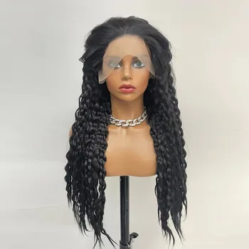 Парик с волнистым кружевом спереди, черный, 180% плотности, термостойкие синтетические парики для чернокожих женщин, глубокий волнистый парик спереди