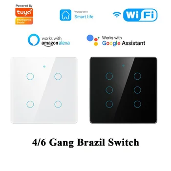 Tuya Wifi Smart Switch 4X4 Бразилия Сенсорная панель 4/6 Банд Выключатель Света Умный Дом Через Smart Life Голосовое Управление Через Alexa Google