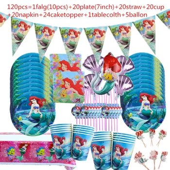 1 комплект украшений для вечеринки в честь дня рождения Русалки Ариэль, воздушные шары, детский душ, одноразовая посуда, настольная чашка, топпер для торта, декор для вечеринки