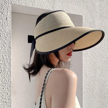 Новые Летние соломенные шляпы с регулируемой лентой и пустым верхом для женщин, Складная пляжная шляпа с широкими полями, защитный колпачок