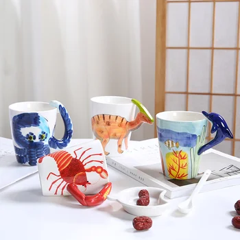 400 мл Керамическая 3D чашка с динозавром, кружка с морской ручной росписью, кружка с животными, Кит, Дельфин, Кофе, чай с молоком, детская кружка, подарок на день рождения