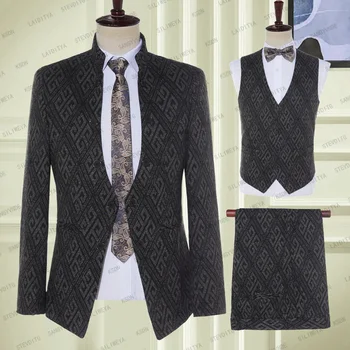 2023 Темно-серый Роскошный модный клетчатый пиджак, брюки, приталенный смокинг, костюмы для вечеринок, свадебный комплект для мужчин, 3 предмета