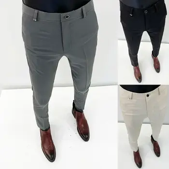 Мужской Костюм, Брюки, Деловое платье, Стрейчевые приталенные официальные брюки для общения, однотонные повседневные брюки полной длины, Модная мужская одежда H94