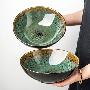 Tigela de cerâmica verde retrô para macarrão, tigela de especialidade de macarrão doméstico, tigela comercial  bowls and plates