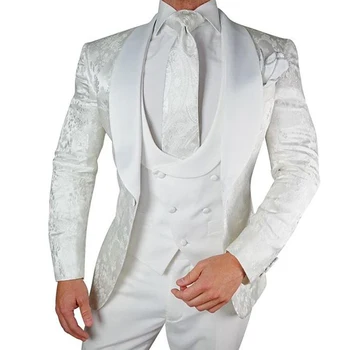 Белый Свадебный Смокинг с цветочным рисунком для Жениха, комплект из 3 предметов, Приталенные мужские костюмы с отворотом из атласной шали, Мужской модный костюм на Заказ, куртка, Жилет