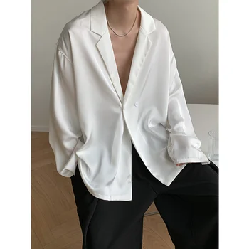 Летний Черный, Белый Шелковый Блейзер, Мужская мода, Деловой костюм, куртка, Корейское Свободное Повседневное платье, Мужская куртка M-XL