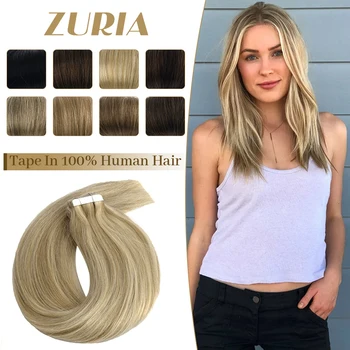 ZURIA 16-Дюймовая лента для наращивания человеческих волос, 100% Настоящие натуральные Машинные клейкие шиньоны Remy, 10 шт., Прямой Парик Для женщин