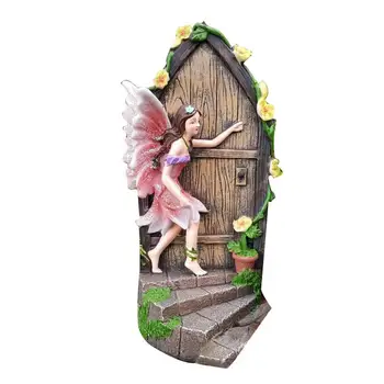 Милая миниатюрная дверная статуэтка сказочный эльф, садовый декор, фея из смолы, стучащая в дверь, художественная садовая скульптура, статуи, украшения