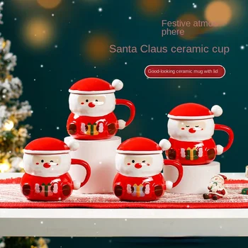 Креативная керамическая чашка Санта Клауса с рисунком из мультфильма, милая чашка для воды с крышкой, ложка с ручным подарком, чашка для кофе