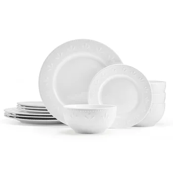 Набор Посуды Maddy из 12 предметов, Фарфор с тиснением белого цвета, Сервировочная Посуда, Кухонная Посуда, Обеденные тарелки