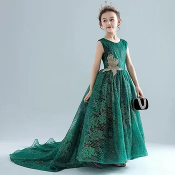Роскошное платье для выпускного вечера и свадебной вечеринки с вышивкой в виде цветка для девочек от 3 до 14 лет, модель для подростков, платье длиной до щиколоток, зеленое