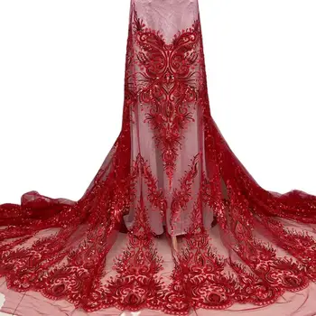 5 ярдов Новейшей Высококачественной красной Элегантной вышивки с тяжелыми блестками, Тюлевое кружево с камнями, ткань для Свадебного платья NN6531_E