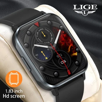 Мужские смарт-часы LIGE с функцией Bluetooth, 1,83-дюймовый сенсорный браслет, водонепроницаемый монитор температуры тела, сердечного ритма, женские умные часы