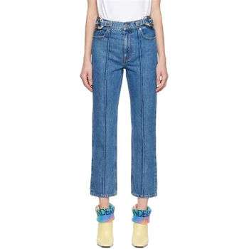 2023ss новые женские хлопчатобумажные джинсы с высокой талией, выстиранные, брендовые высококачественные джинсы y2k с девятиточечной прямой резинкой, сшитые металлической цепочкой
