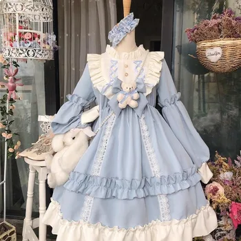 Женское платье в японском готическом стиле в стиле Лолиты, Кружевное синее платье с бантом и медведем, Платье Принцессы с длинным рукавом, костюм на Хэллоуин, подарок для девочек