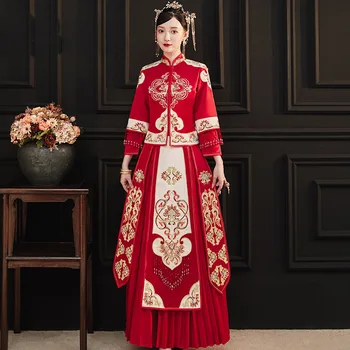 Chinese Bride Wedding Dress Red Embroidery Traditional  Banquet Costume Classic Cheongsam China Qipao костюм для восточных