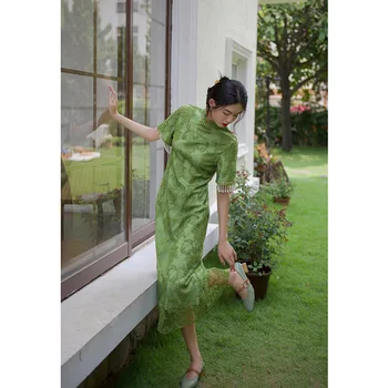 Летнее Тонкое платье Чонсам с кружевной вышивкой в стиле Ретро, Женское Китайское Темпераментное Ципао, Элегантные вечерние платья с зеленым жемчугом и кисточками