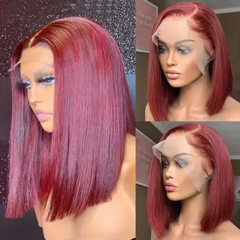 Бордовый парик с короткими волосами-Боб, аксессуары для человеческих волос Для женщин, Бесклеевые розовые парики из натуральных волос 99j на кружеве, цветные парики из человеческих волос 13x4, парик-Боб